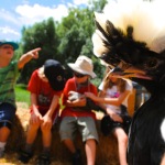 Farmhands meet new chicks at Farm Camp at Moonstone Farm.